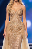 Sparkly Golden Corset Mermaid Sequin Long Pageant Dress with Cape