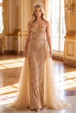 Sparkly Golden Corset Mermaid Sequin Long Pageant Dress with Cape