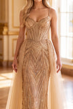 Sparkly Golden Corset Mermaid Sequin Long Pageant Dress with Cape