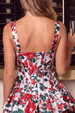 Red Flower A Line Short Corset Homecoming Dress with Ruffles