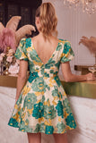 Pink Floral A Line Short Jacquard Homecoming Dress with Sleeves
