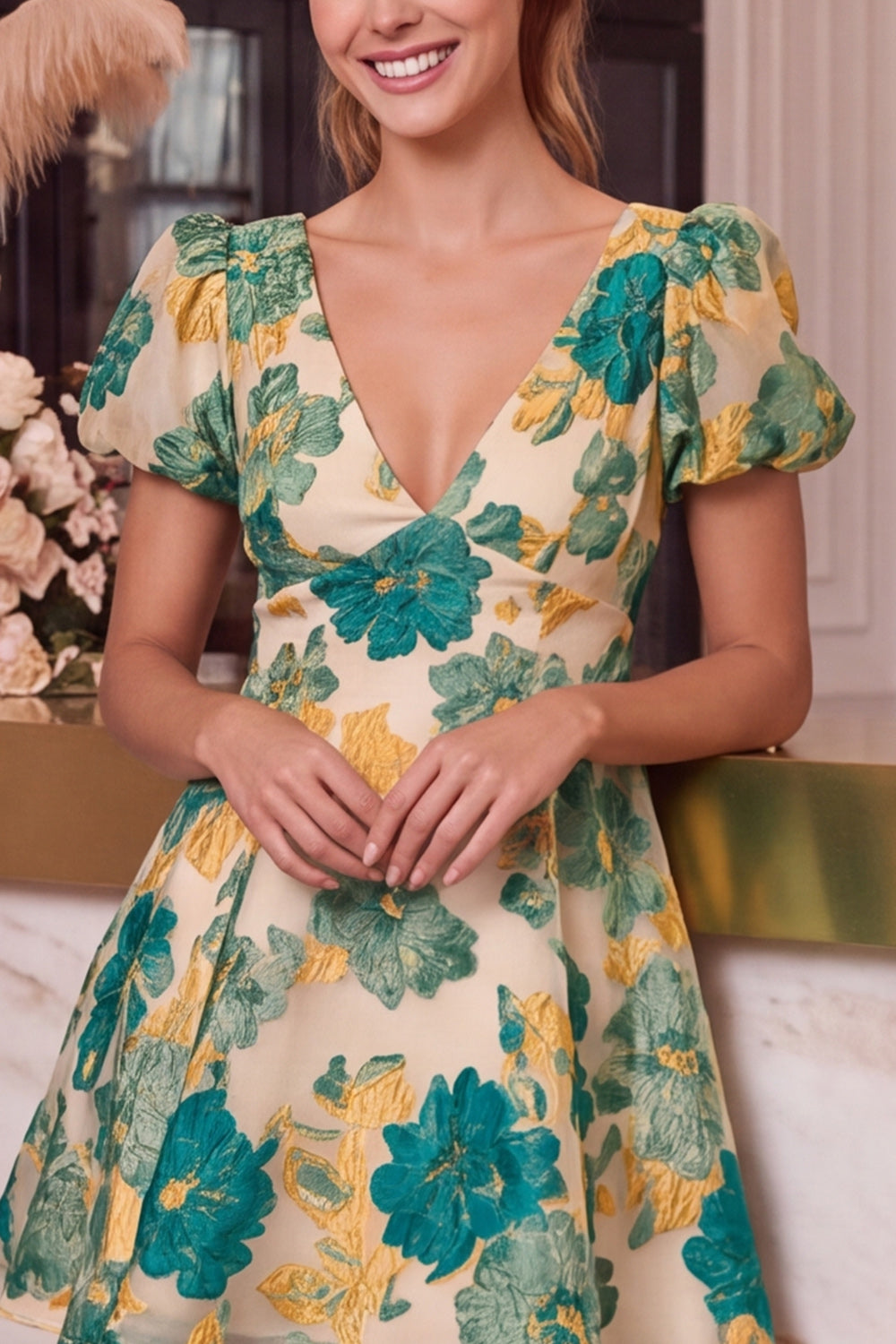 Pink Floral A Line Short Jacquard Homecoming Dress with Sleeves
