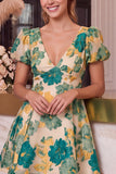 Pink Floral A Line Short Jacquard Homecoming Dress with Sleeves
