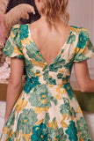 Pink Floral A Line Short Jacquard Homecoming Dress with Sleeves