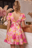 Pink Floral A Line Short Jacquard Homecoming Dress with Sleeves
