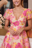 Pink Floral A Line Short Jacquard Homecoming Dress with Sleeves