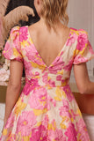 Pink Floral A Line Short Jacquard Homecoming Dress with Sleeves