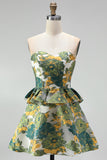Green Floral Jacquard A Line Ruffled Short Homecoming Dress