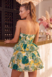 Green Floral Jacquard A Line Ruffled Short Homecoming Dress