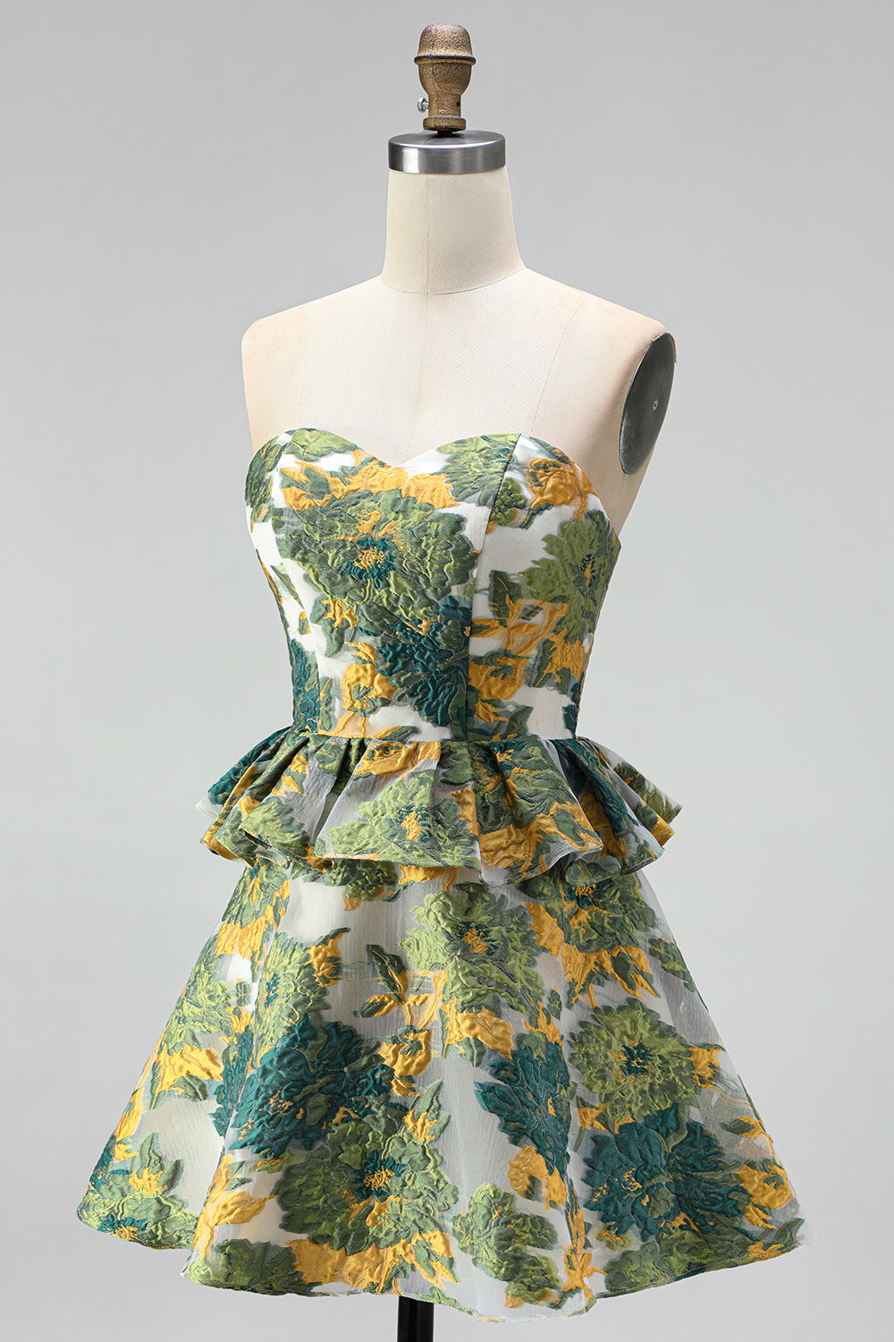 Green Floral Jacquard A Line Ruffled Short Homecoming Dress