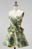 Green Floral Jacquard A Line Ruffled Short Homecoming Dress