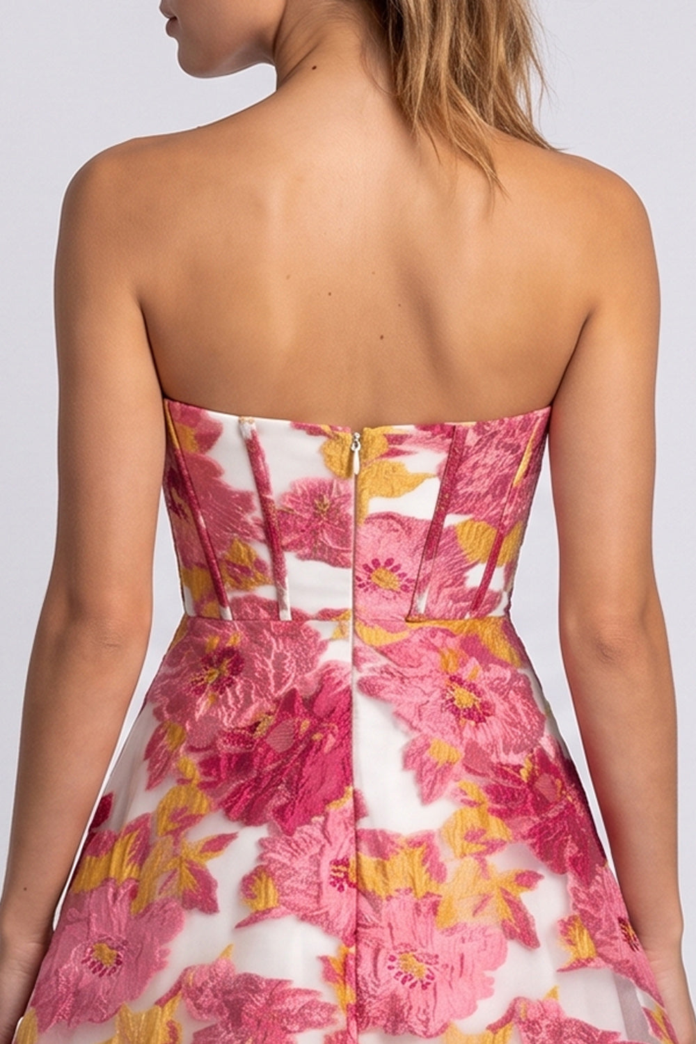Pink Floral Jacquard Corset A Line Short Homecoming Dress with Slit