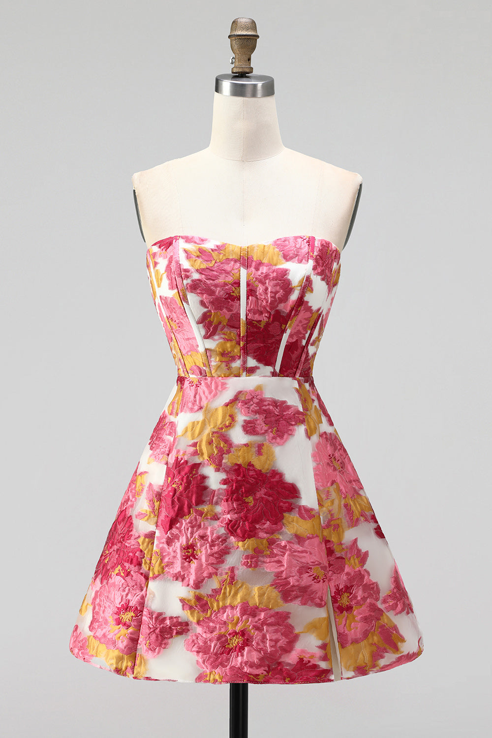 Pink Floral Jacquard Corset A Line Short Homecoming Dress with Slit
