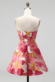 Pink Floral Jacquard Corset A Line Short Homecoming Dress with Slit