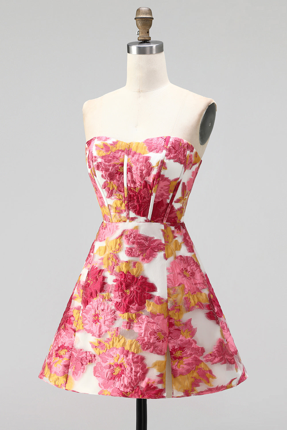 Pink Floral Jacquard Corset A Line Short Homecoming Dress with Slit