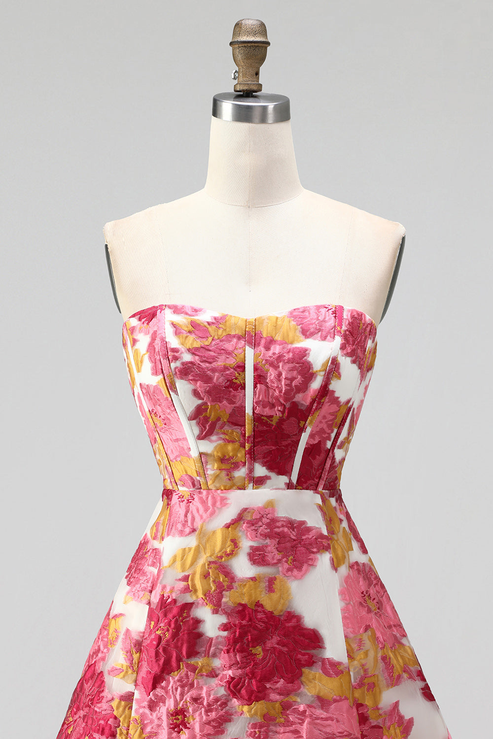 Pink Floral Jacquard Corset A Line Short Homecoming Dress with Slit