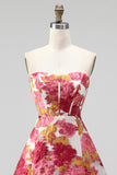 Pink Floral Jacquard Corset A Line Short Homecoming Dress with Slit