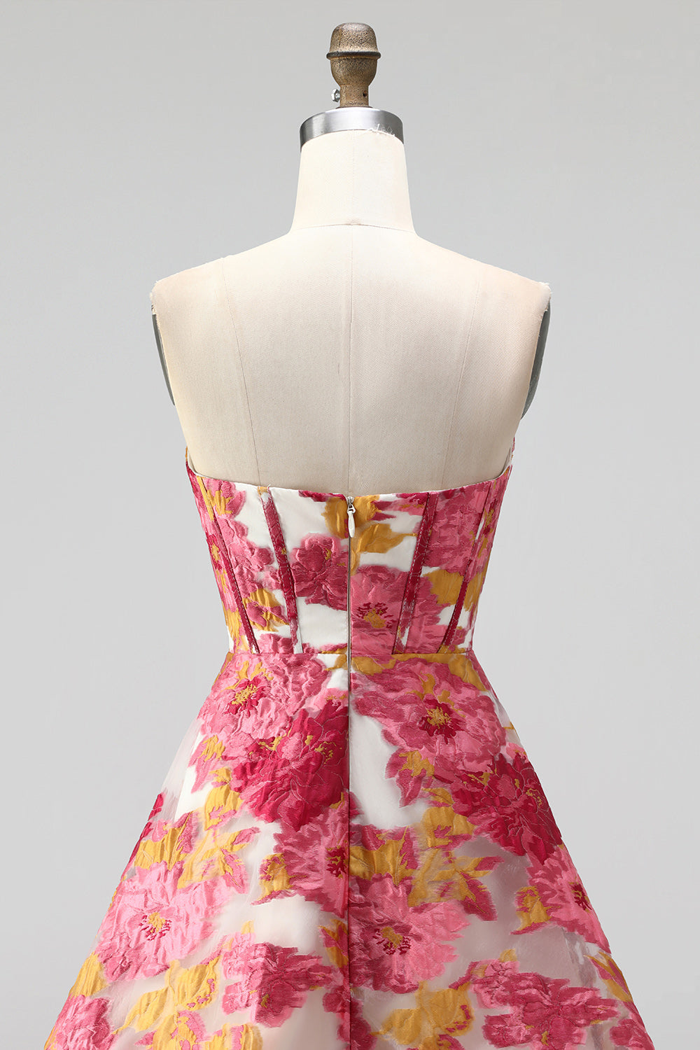 Pink Floral Jacquard Corset A Line Short Homecoming Dress with Slit