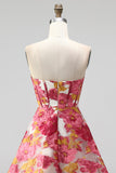 Pink Floral Jacquard Corset A Line Short Homecoming Dress with Slit