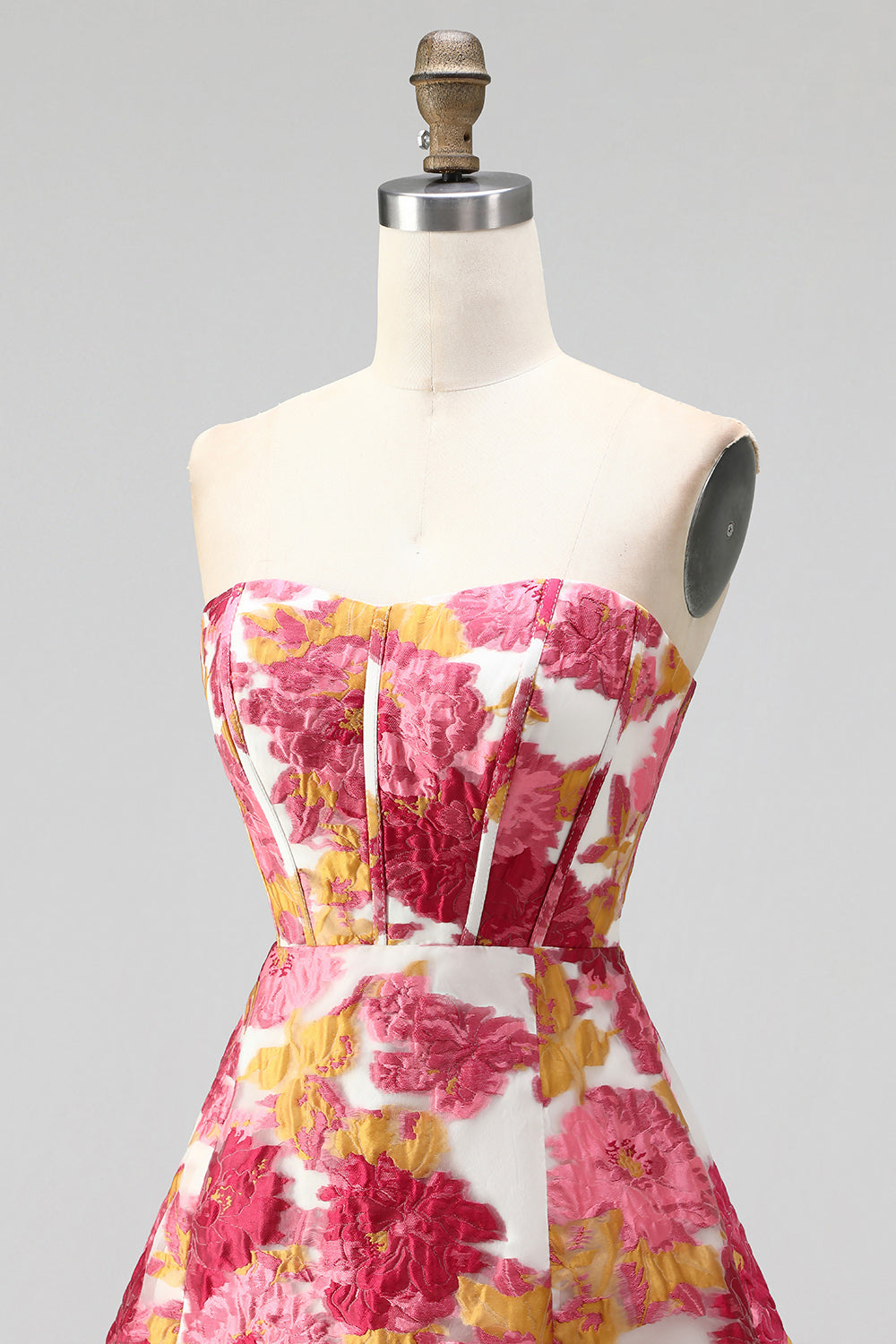 Pink Floral Jacquard Corset A Line Short Homecoming Dress with Slit