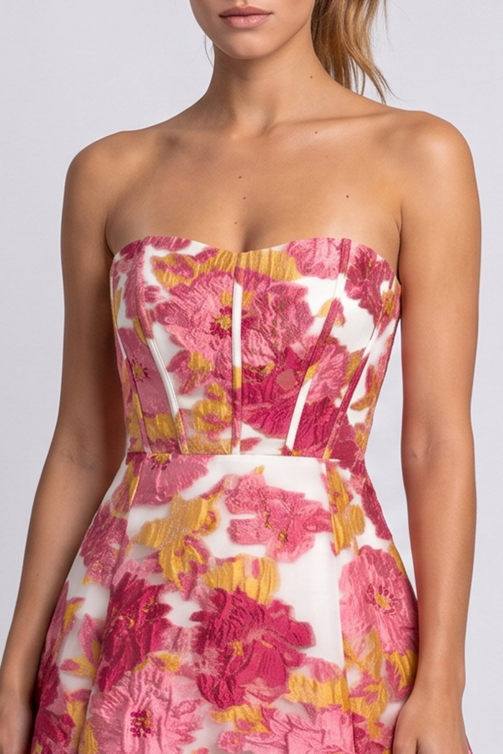 Pink Floral Jacquard Corset A Line Short Homecoming Dress with Slit