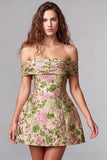 Champagne Jacquard A-Line Ruched Short Homecoming Dress with Bow