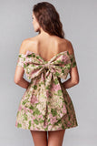 Champagne Jacquard A-Line Ruched Short Homecoming Dress with Bow