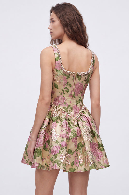 Champagne Square Neck Floral Beaded Short Corset Homecoming Dress