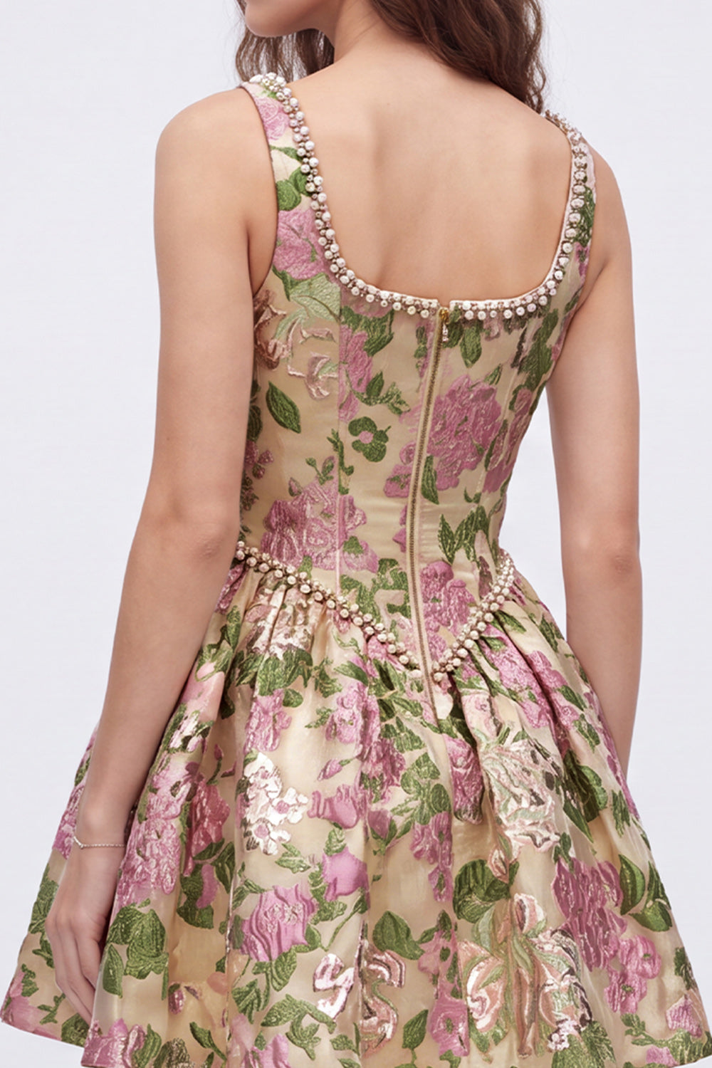 Champagne Square Neck Floral Beaded Short Corset Homecoming Dress