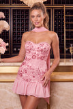 Pink Floral Beaded Ruffled Sweetheart Short Homecoming Dress with Neck Scarf