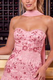 Pink Floral Beaded Ruffled Sweetheart Short Homecoming Dress with Neck Scarf