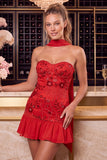 Pink Floral Beaded Ruffled Sweetheart Short Homecoming Dress with Neck Scarf