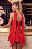 Pink Floral Beaded Ruffled Sweetheart Short Homecoming Dress with Neck Scarf