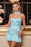 Pink Floral Beaded Ruffled Sweetheart Short Homecoming Dress with Neck Scarf