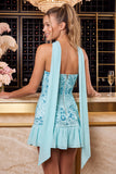 Pink Floral Beaded Ruffled Sweetheart Short Homecoming Dress with Neck Scarf