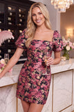 Black Red Flower Jacquard Tight Square Neck Short Homecoming Dress