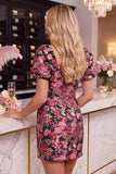 Black Red Flower Jacquard Tight Square Neck Short Homecoming Dress