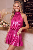 Black Metallic A Line Halter Ruched Short Homecoming Dress