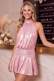 Black Metallic A Line Halter Ruched Short Homecoming Dress