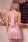 Black Metallic A Line Halter Ruched Short Homecoming Dress