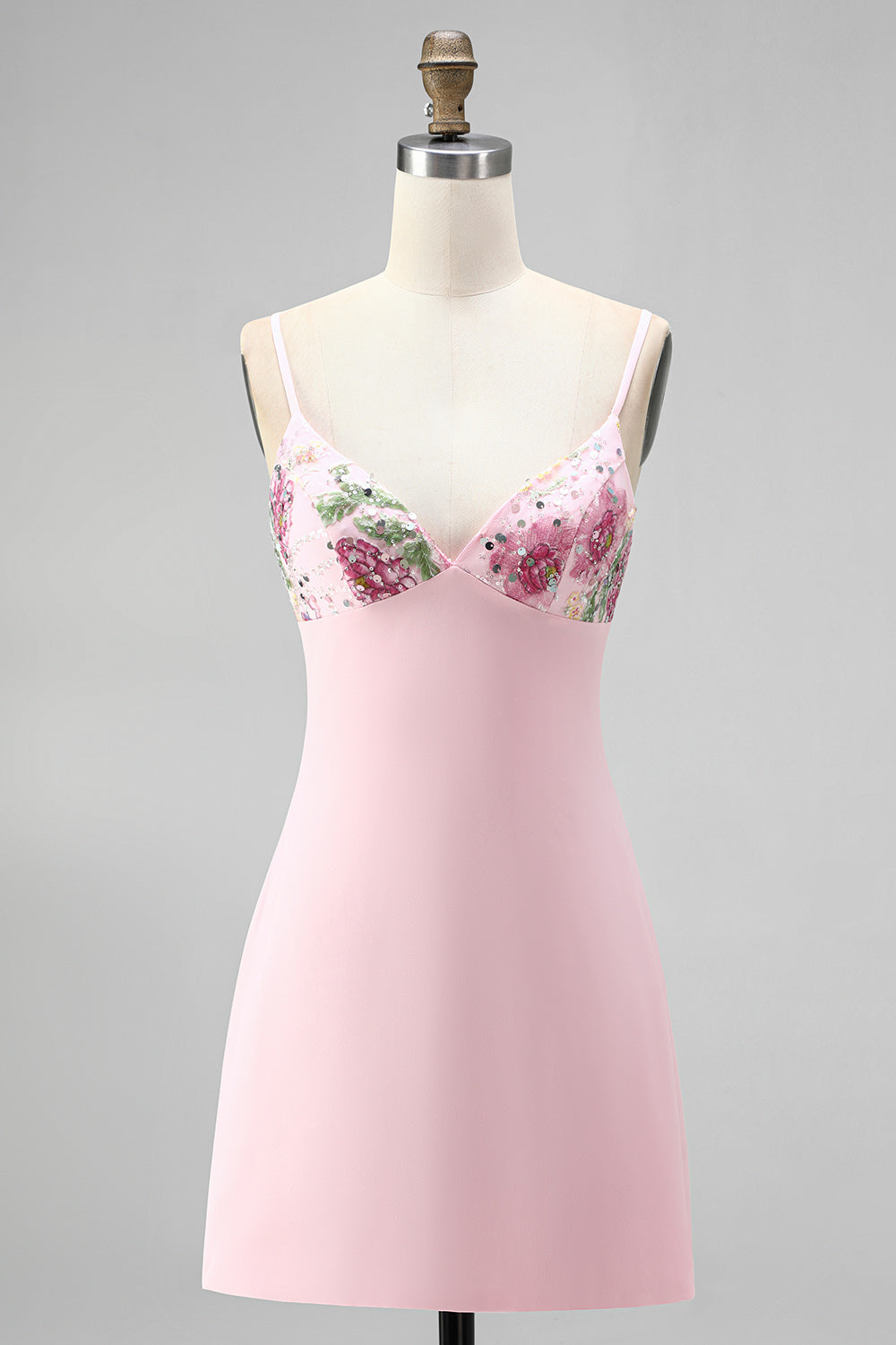 Pink Floral Spaghetti Straps Sequin Short Homecoming Dress