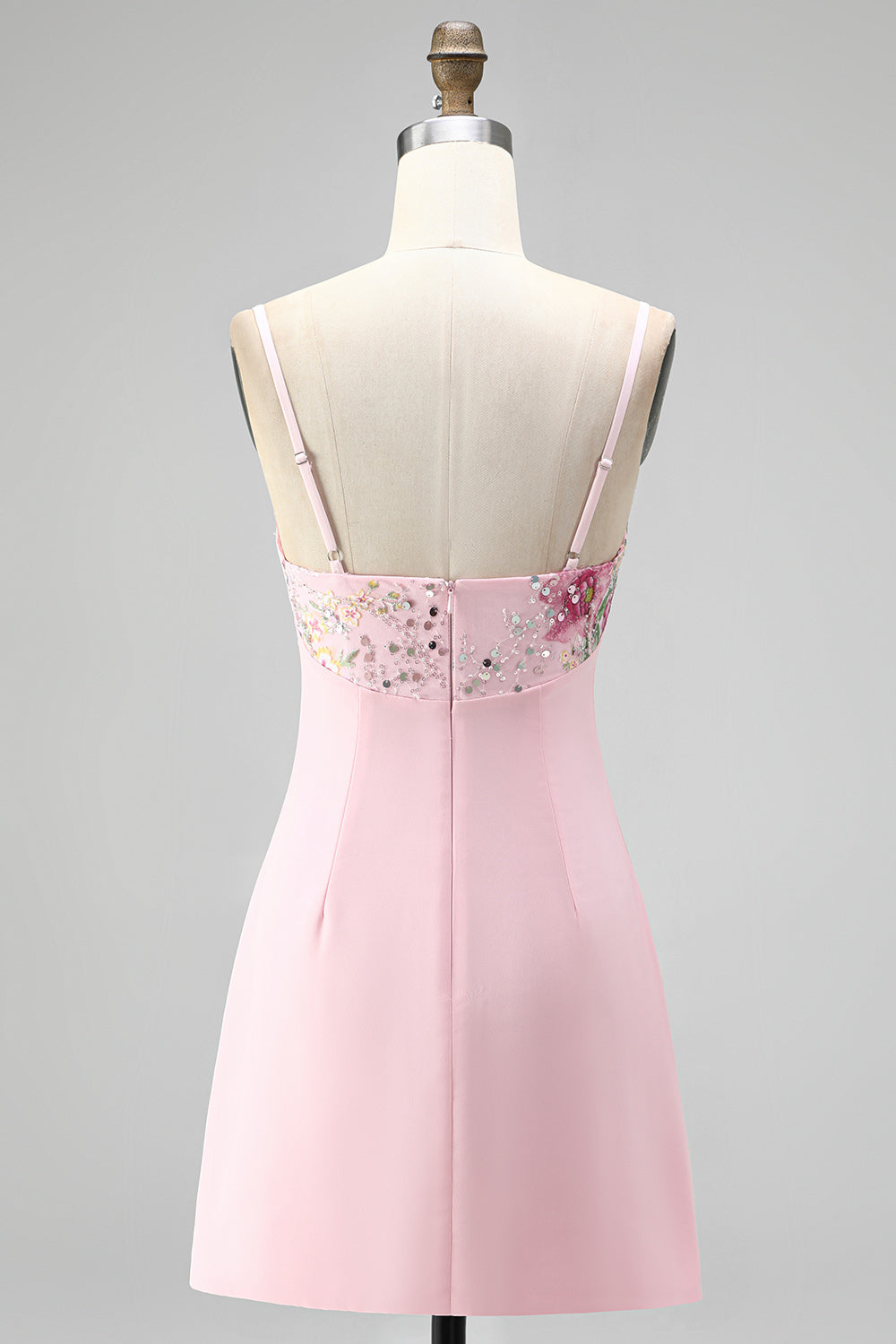 Pink Floral Spaghetti Straps Sequin Short Homecoming Dress