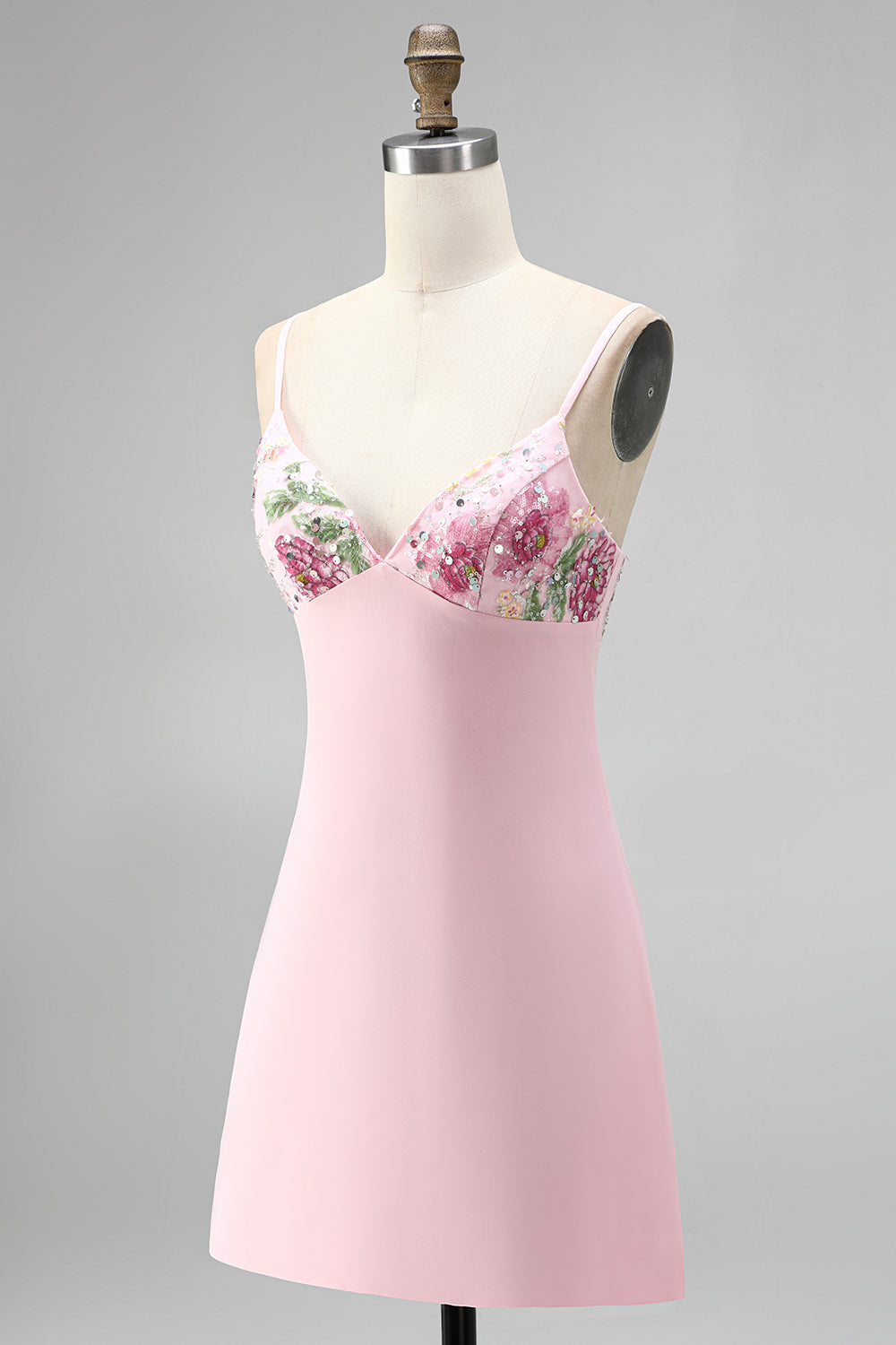 Pink Floral Spaghetti Straps Sequin Short Homecoming Dress