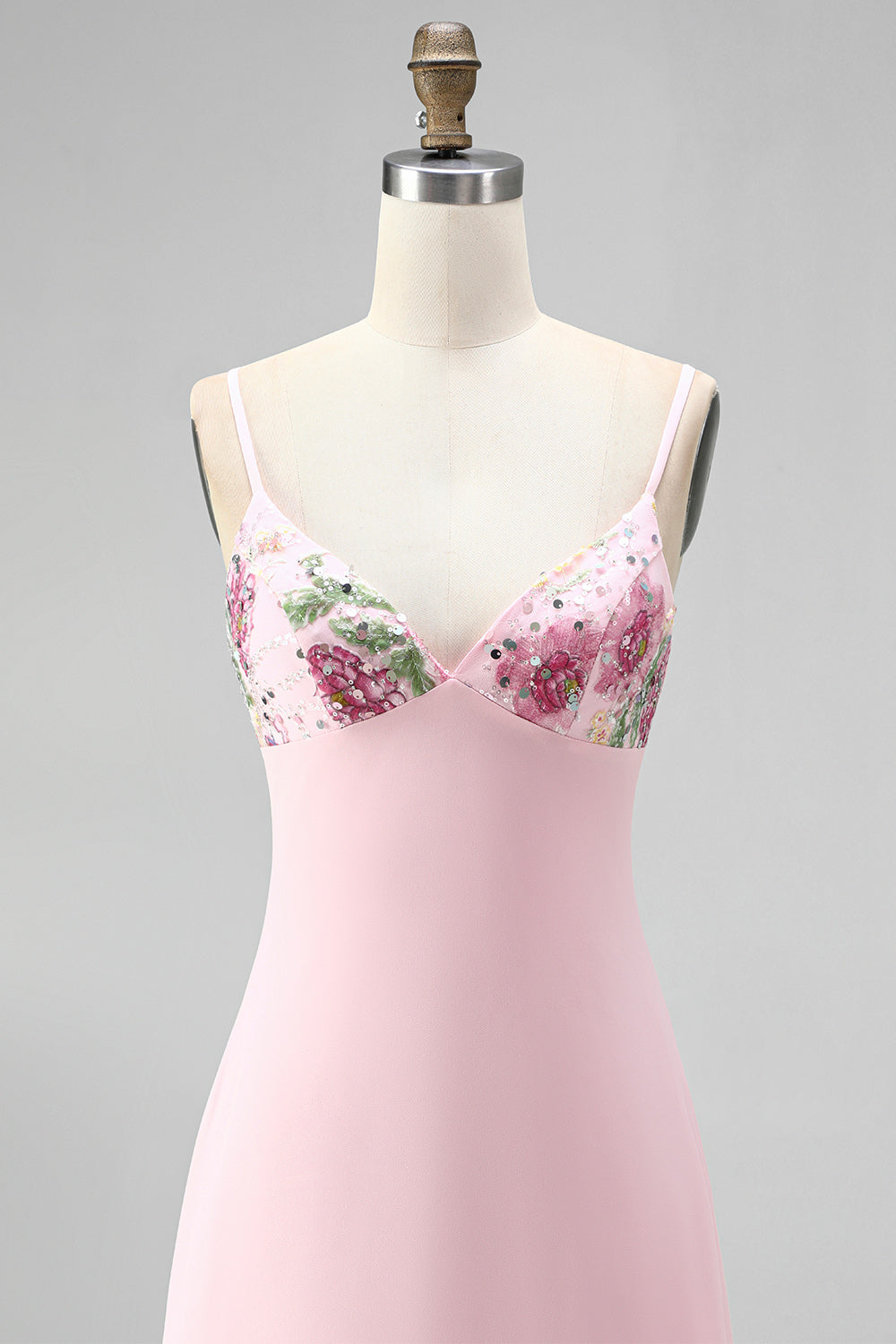 Pink Floral Spaghetti Straps Sequin Short Homecoming Dress