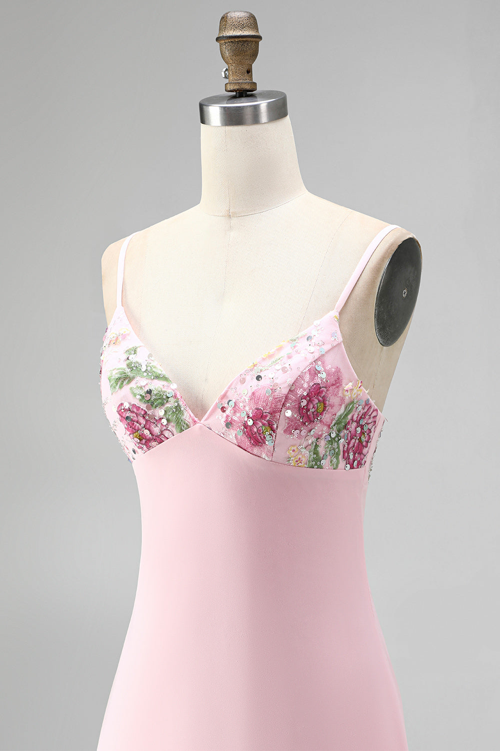 Pink Floral Spaghetti Straps Sequin Short Homecoming Dress