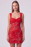 Sky Blue Floral Beaded Ruched Tight Short Homecoming Dress