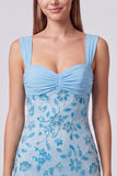 Sky Blue Floral Beaded Ruched Tight Short Homecoming Dress