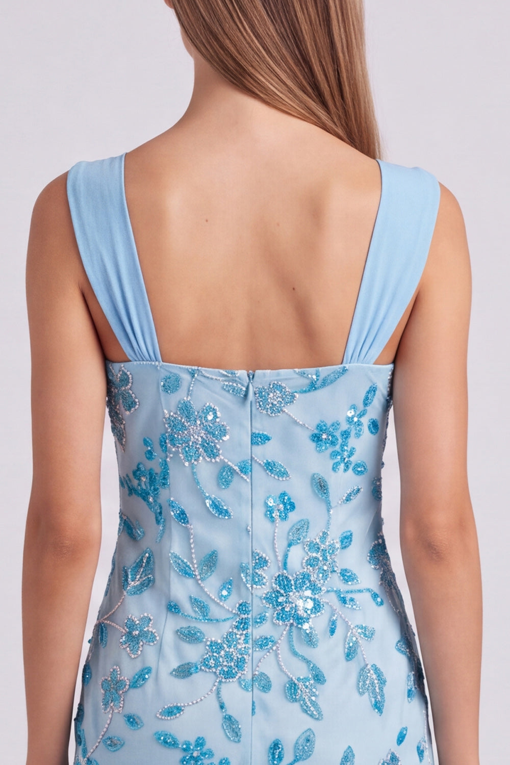Sky Blue Floral Beaded Ruched Tight Short Homecoming Dress