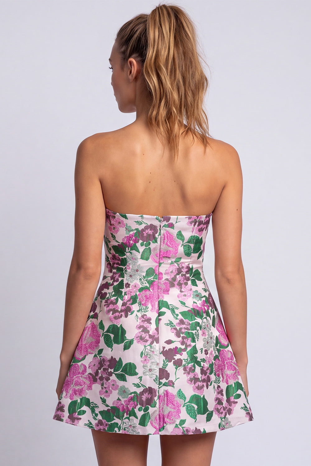 Light Blue Floral Jacquard A Line Strapless Short Homecoming Dress