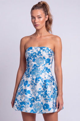 Light Blue Floral Jacquard A Line Strapless Short Homecoming Dress
